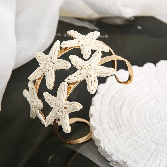 Handmade Raffia Starfish Cuff Bracelet Women Beach Tropical Adjustable Wide - Picture 5 of 7
